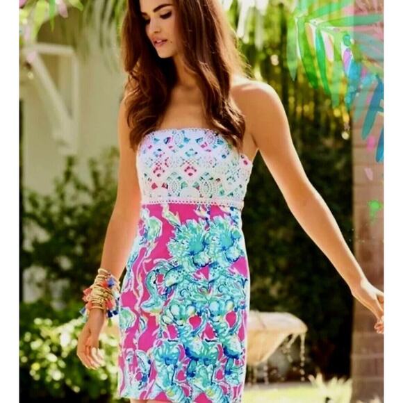 Lilly Pulitzer Dresses & Skirts - Lilly Pulitzer Brynn Strapless Dress Lobsters In Love Razz Crochet Shift Size 8